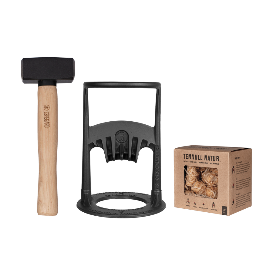 Kindling Cracker Original pakket met houtklover, stalen hamer en natuurlijke aanmaakkrullen