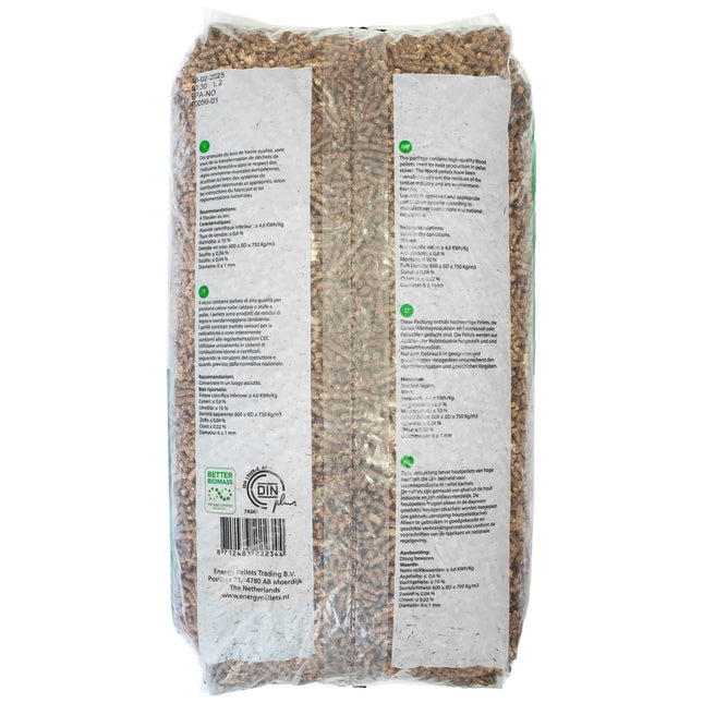Energy Pellets Premium houtpellets zak 15 kg achterkant met specificaties