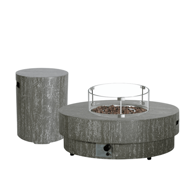 Happy Cocooning vuurtafel set Estate 105 Oscuro Travertine met Enclosure Round gasfles cover en glasset XL