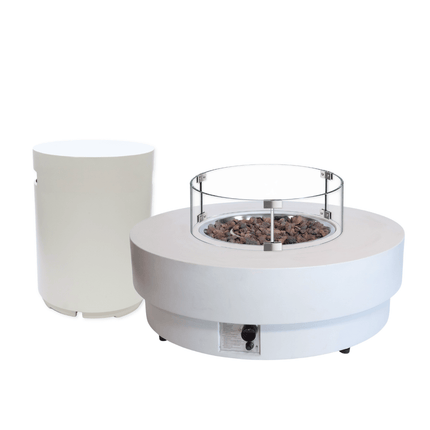 Happy Cocooning vuurtafel set Estate 105 Oyster Beige met Enclosure Round gasfles cover en glasset XL