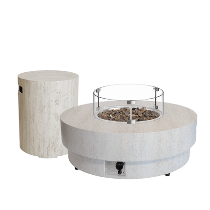 Happy Cocooning vuurtafel set Estate 105 Travertine met Enclosure Round gasfles cover en glasset XL