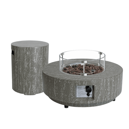 Happy Cocooning vuurtafel set Estate 76 Oscuro Travertine met Enclosure Round gasfles cover en glasset