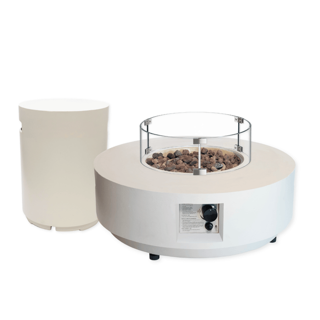 Happy Cocooning vuurtafel set Estate 76 Oyster Beige met Enclosure Round gasfles cover en glasset
