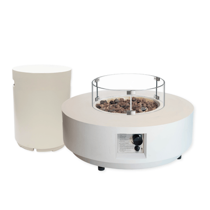Happy Cocooning vuurtafel set Estate 76 Oyster Beige met Enclosure Round gasfles cover en glasset