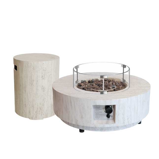 Happy Cocooning vuurtafel set Estate 76 Travertine met Enclosure Round gasfles cover en glasset