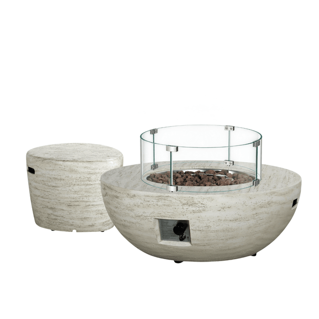 Happy Cocooning vuurtafel set Estate Bowl Travertine met Enclosure Organic gasfles cover en glasset XL