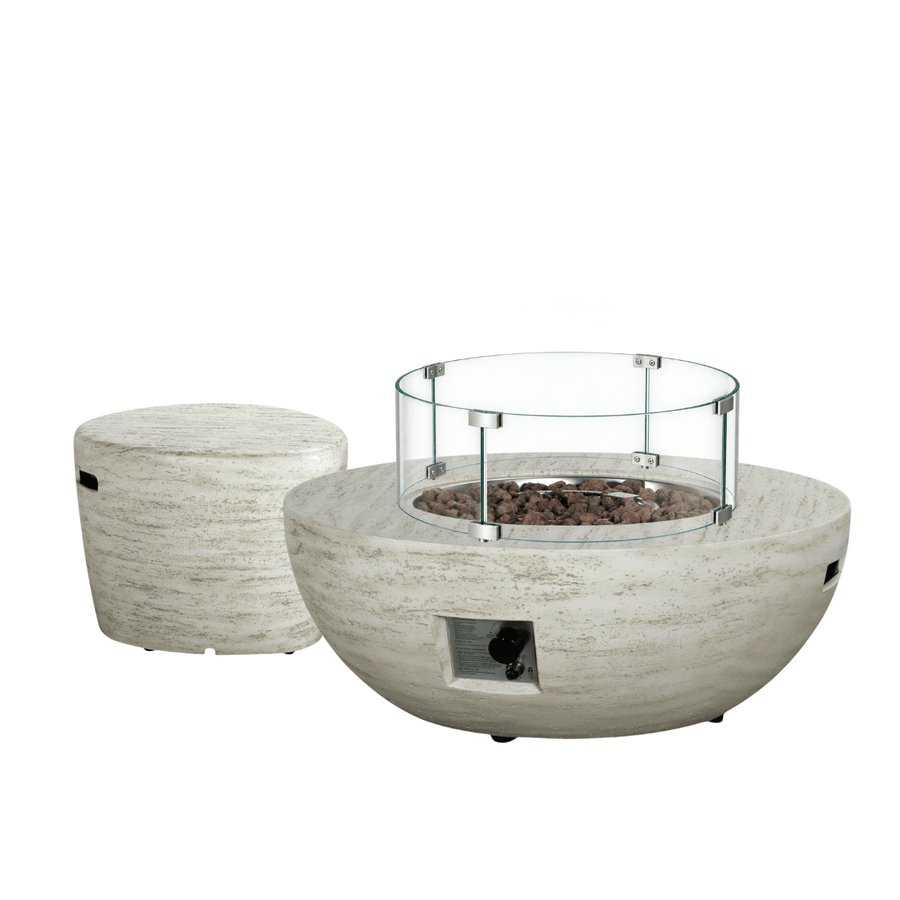 Happy Cocooning vuurtafel set Estate Bowl Travertine met Enclosure Organic gasfles cover en glasset XL
