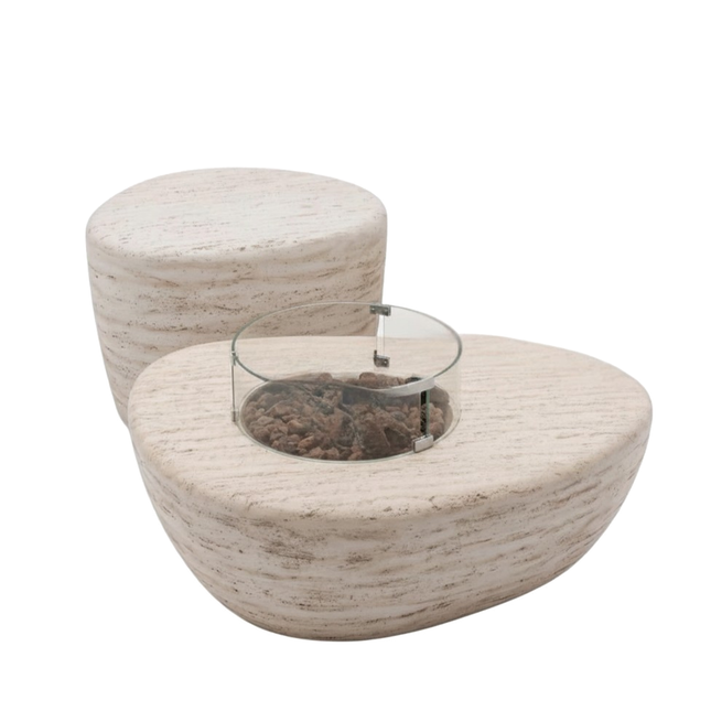 Happy Cocooning vuurtafel set Estate Organic 107 Travertine met Enclosure Organic gasfles cover en glasset XL