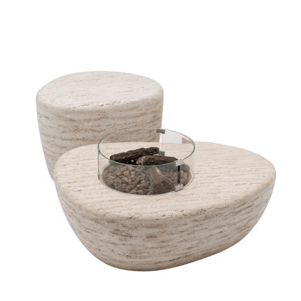 Happy Cocooning vuurtafel set Estate Organic 107 Travertine met Enclosure Organic gasfles cover en glasset XL
