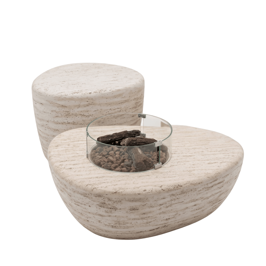 Happy Cocooning vuurtafel set Estate Organic 107 Travertine met Enclosure Organic gasfles cover en glasset XL