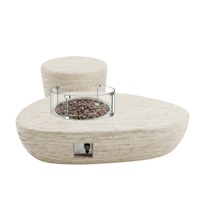Happy Cocooning vuurtafel set Estate Organic 150 Travertine met Enclosure Organic gasfles cover en glasset XL