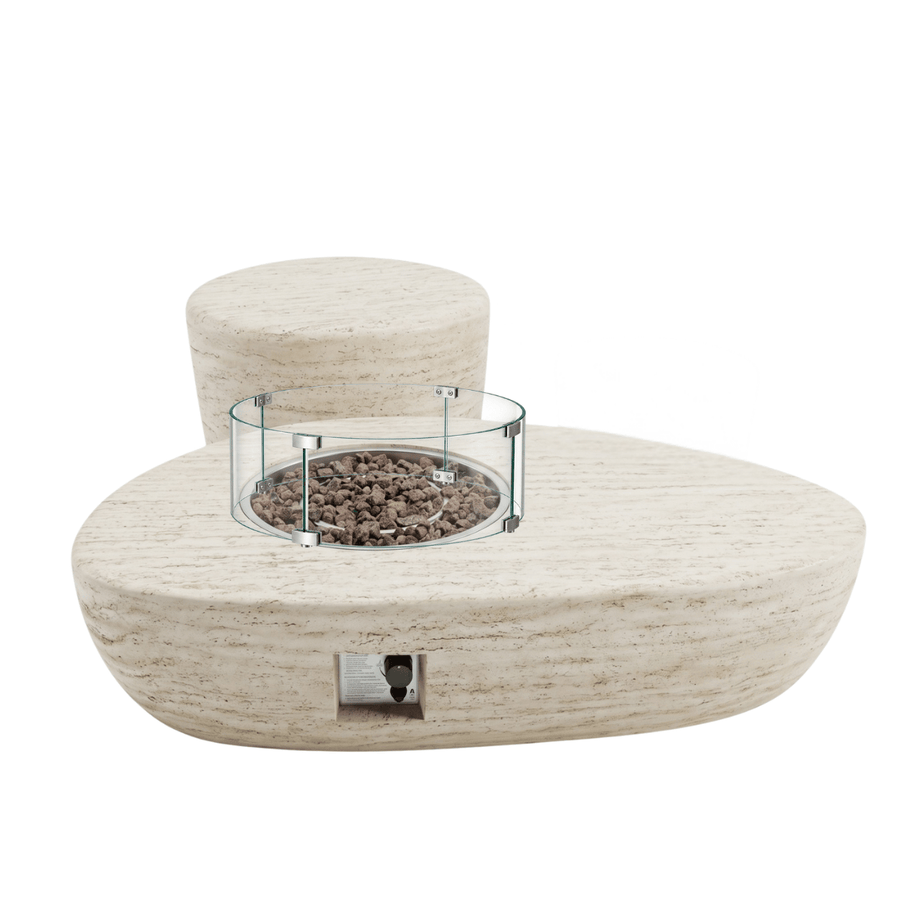 Happy Cocooning vuurtafel set Estate Organic 150 Travertine met Enclosure Organic gasfles cover en glasset XL