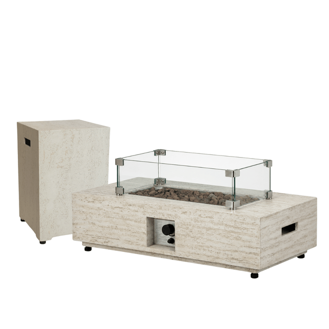 Happy Cocooning vuurtafel set Estate Rectangular Travertine met Enclosure Square gasfles cover en rechthoekige glasset