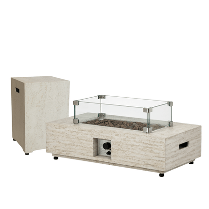 Happy Cocooning vuurtafel set Estate Rectangular Travertine met Enclosure Square gasfles cover en rechthoekige glasset
