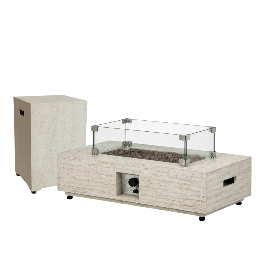 Happy Cocooning vuurtafel set Estate Rectangular Travertine met Enclosure Square gasfles cover en rechthoekige glasset