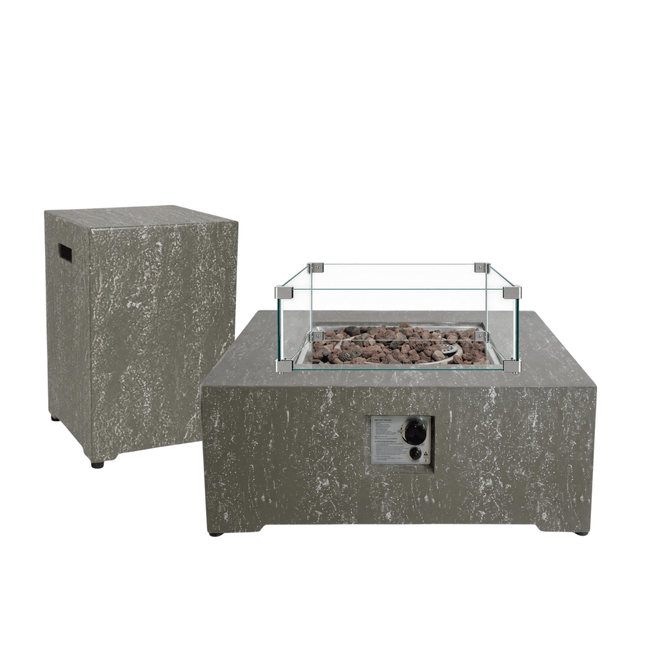 Happy Cocooning vuurtafel set Estate Square 88 Oscuro Travertine met Enclosure Square gasfles cover en glasset