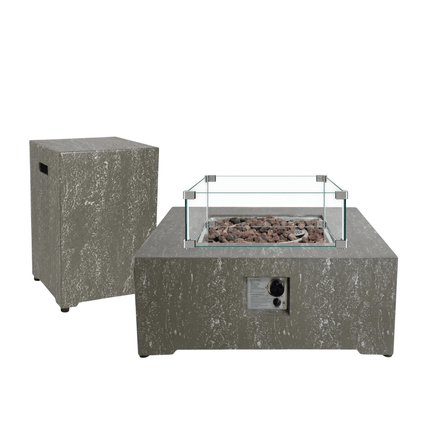 Happy Cocooning vuurtafel set Estate Square 88 Oscuro Travertine met Enclosure Square gasfles cover en glasset