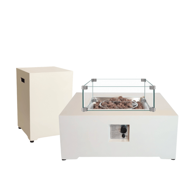 Happy Cocooning vuurtafel set Estate Square 88 Oyster Beige met Enclosure Square gasfles cover en glasset