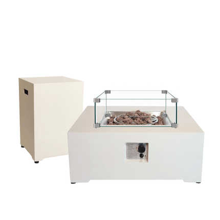 Happy Cocooning vuurtafel set Estate Square 88 Oyster Beige met Enclosure Square gasfles cover en glasset