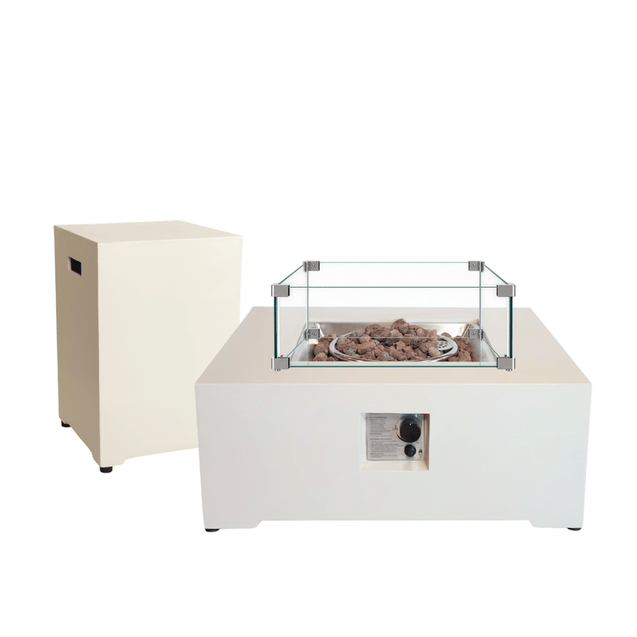 Happy Cocooning vuurtafel set Estate Square 88 Oyster Beige met Enclosure Square gasfles cover en glasset