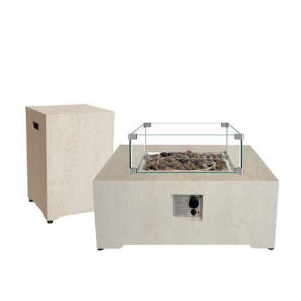 Happy Cocooning vuurtafel set Estate Square 88 Travertine met Enclosure Square gasfles cover en glasset