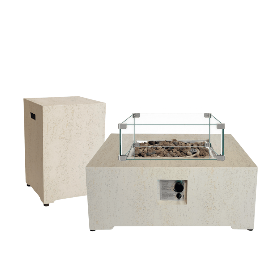 Happy Cocooning vuurtafel set Estate Square 88 Travertine met Enclosure Square gasfles cover en glasset