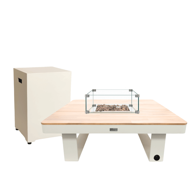 Happy Cocooning vuurtafel set Horizon 95 Oyster Beige met Enclosure Square gasfles cover en glasset