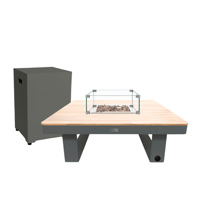 Happy Cocooning vuurtafel set Horizon 95 Smokey Anthracite met Enclosure Square gasfles cover en glasset