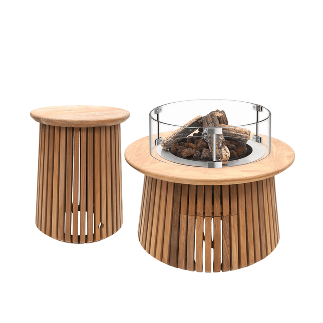 Happy Cocooning vuurtafel set Lagune Teak met Enclosure Lagune gasfles cover en glasset