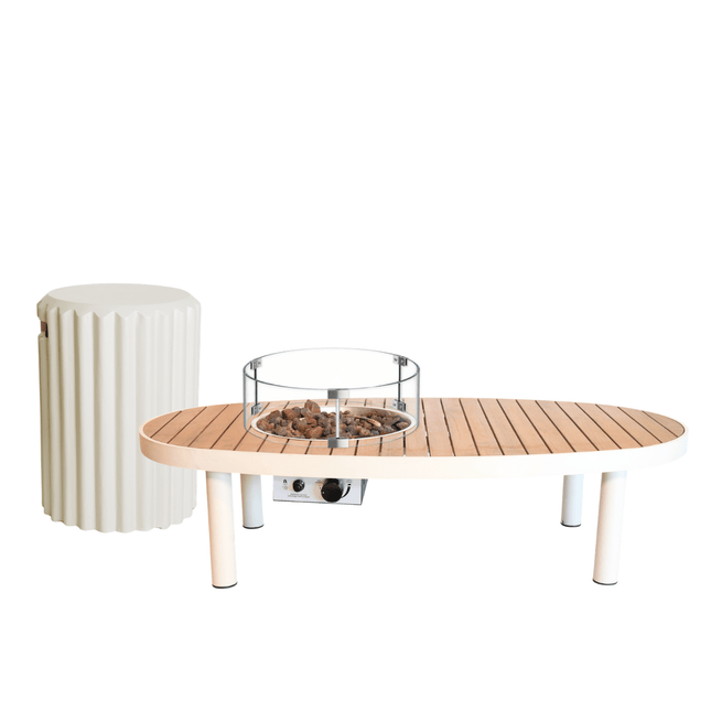 Happy Cocooning vuurtafel set Riviera 140 Oyster Beige met Enclosure Rib gasfles cover en glasset