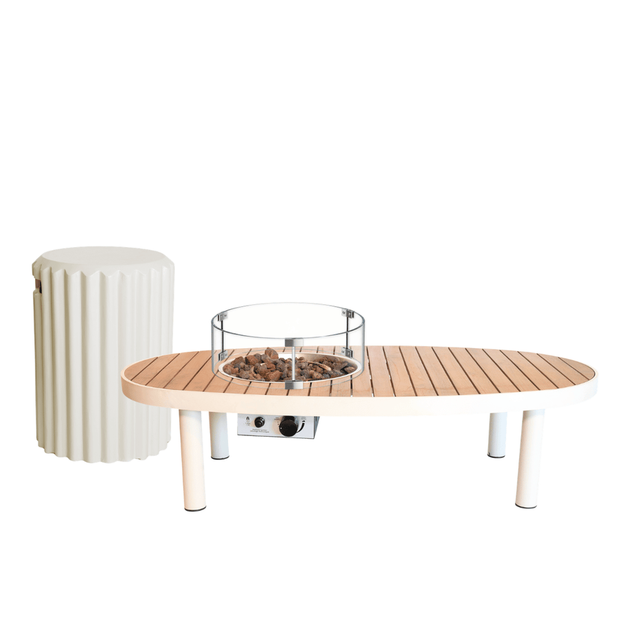 Happy Cocooning vuurtafel set Riviera 140 Oyster Beige met Enclosure Rib gasfles cover en glasset