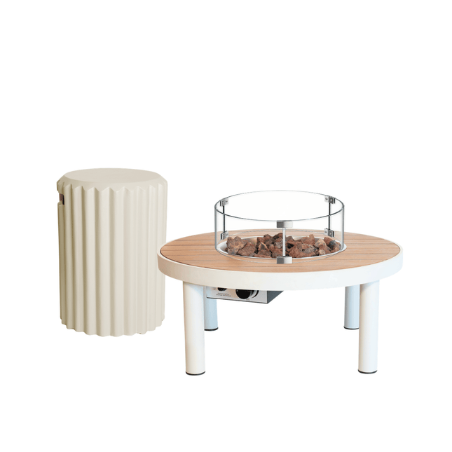 Happy Cocooning vuurtafel set Riviera 80 Oyster Beige met Enclosure Rib gasfles cover en glasset