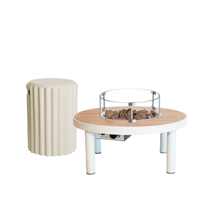 Happy Cocooning vuurtafel set Riviera 80 Oyster Beige met Enclosure Rib gasfles cover en glasset