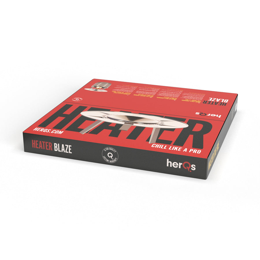 Verpakkingsdoos herQs Heater Blaze zijaanzicht liggend, herQs logo en Chill Like a Pro