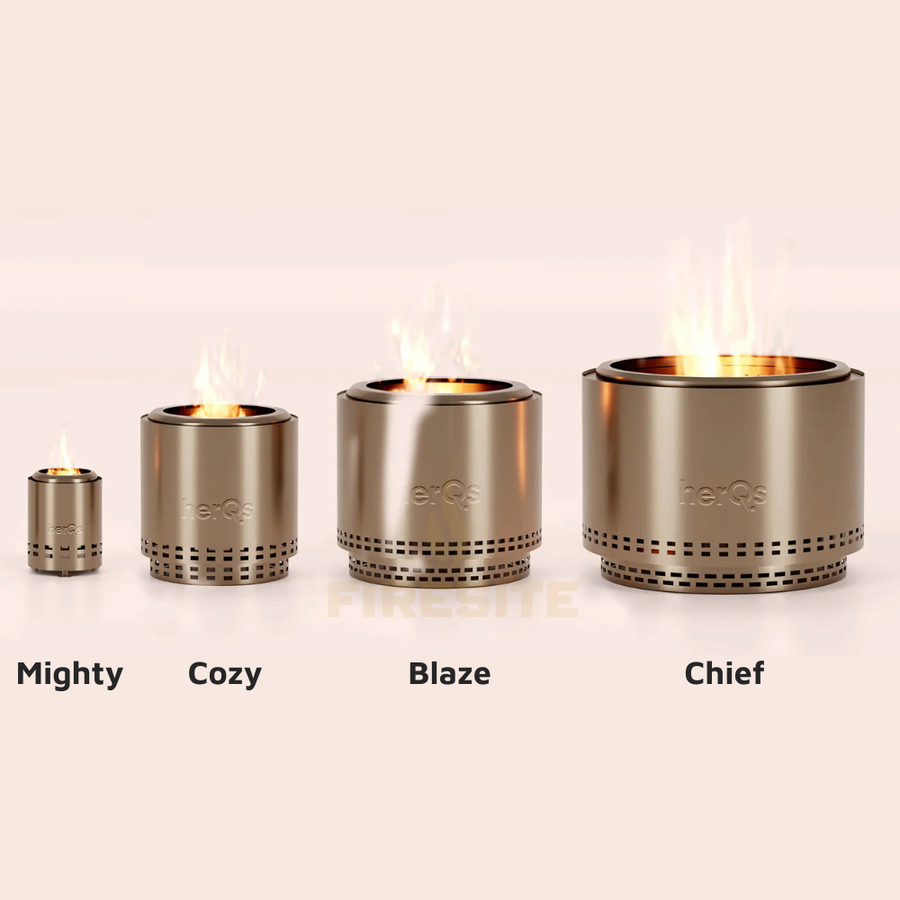 herQs rookvrije vuurkorven vergelijking: Mighty 18 cm, Cozy 38 cm, Blaze 49,5 cm en Chief 68 cm