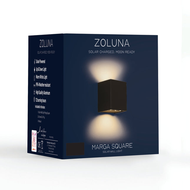 Verpakking van de ZOLUNA solar wandlamp Marga Vierkant