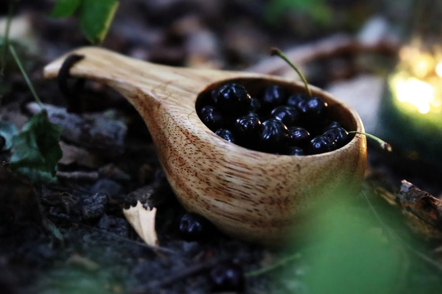 Øyo Houten Hutten Mok gevuld met bosbessen in het bos