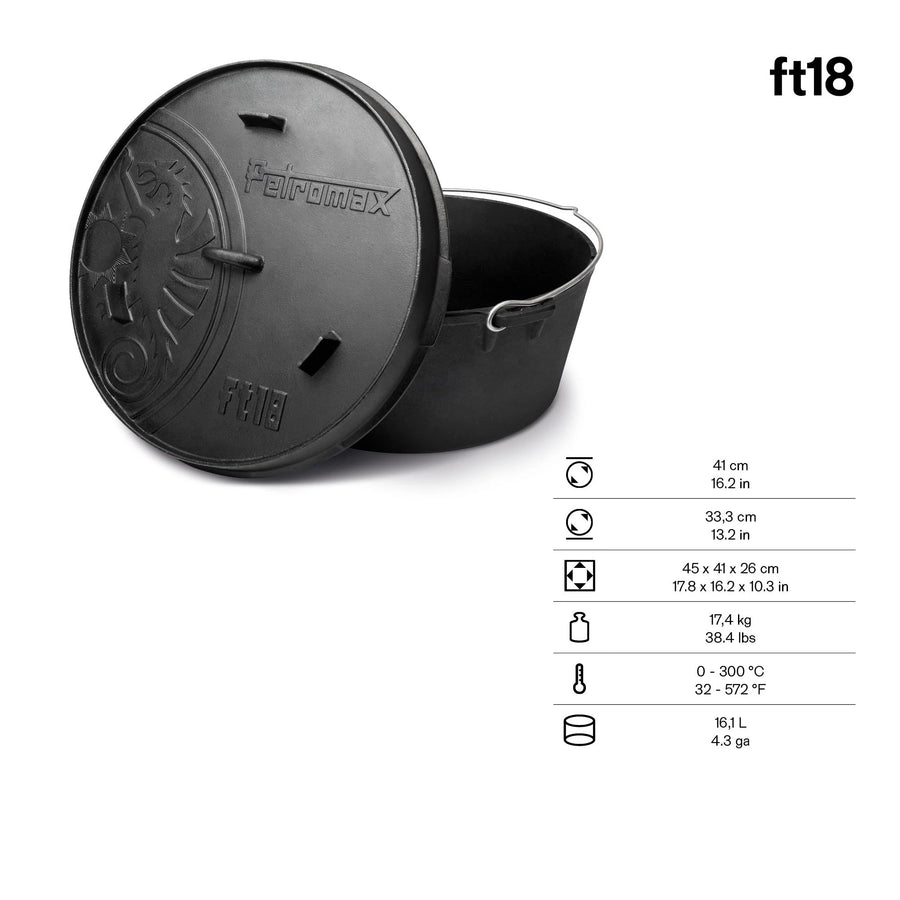 Afmetingen en inhoud van de Petromax Dutch Oven ft18 met pootjes, 16,1 liter voor meer dan 20 personen