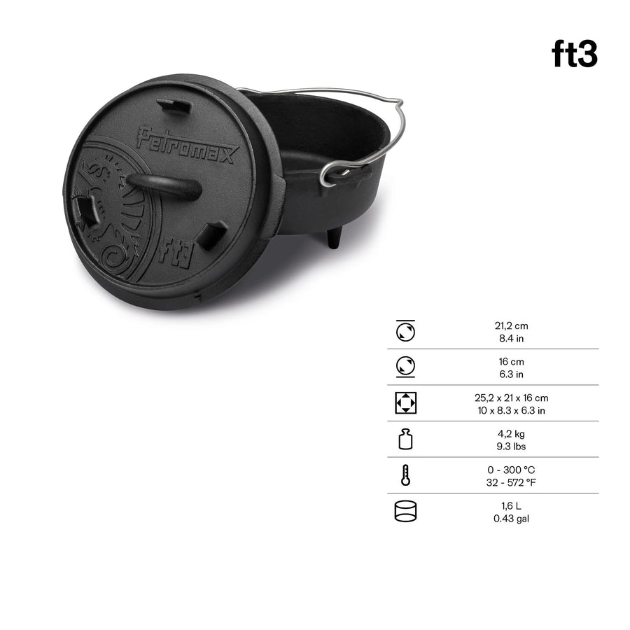 Afmetingen en inhoud van de Petromax Dutch Oven ft3 met pootjes, 1,6 liter voor 1 tot 3 personen