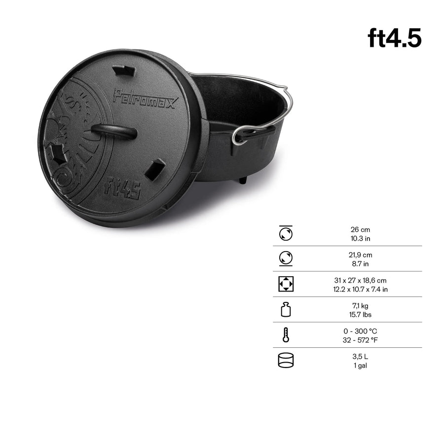 Afmetingen en inhoud van de Petromax Dutch Oven ft4.5 met pootjes, 3,5 liter voor 2 tot 5 personen