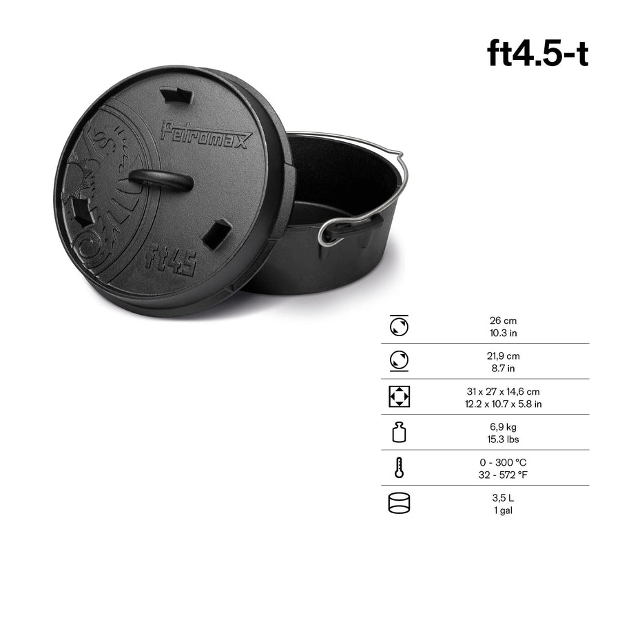 Afmetingen en inhoud van de Petromax Dutch Oven ft4.5-t met vlakke bodem, 3,5 liter voor 2 tot 5 personen