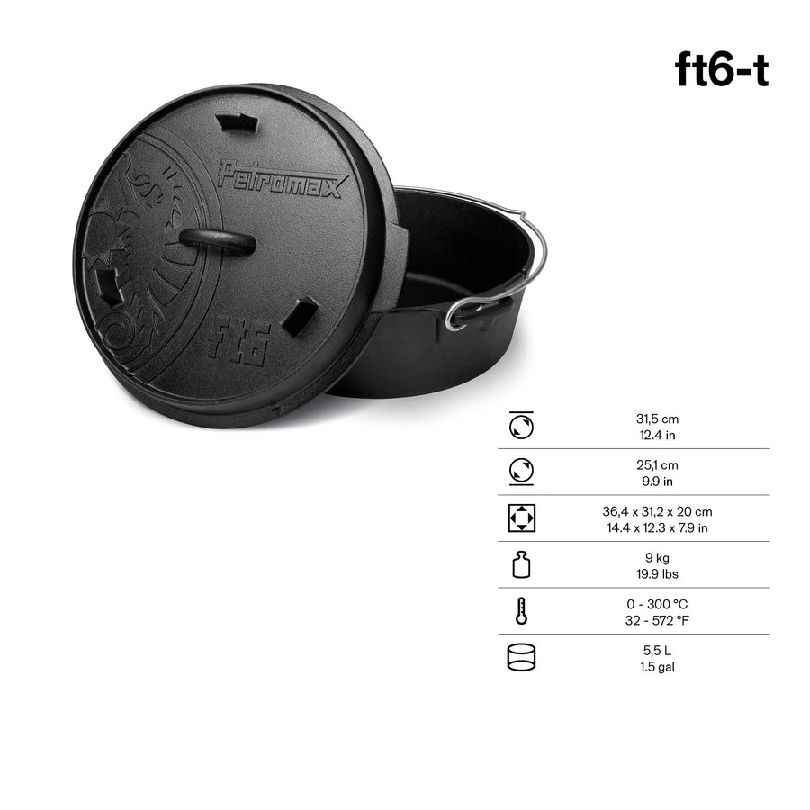 Afmetingen en inhoud van de Petromax Dutch Oven ft6-t met vlakke bodem, 5,5 liter voor 4 tot 8 personen