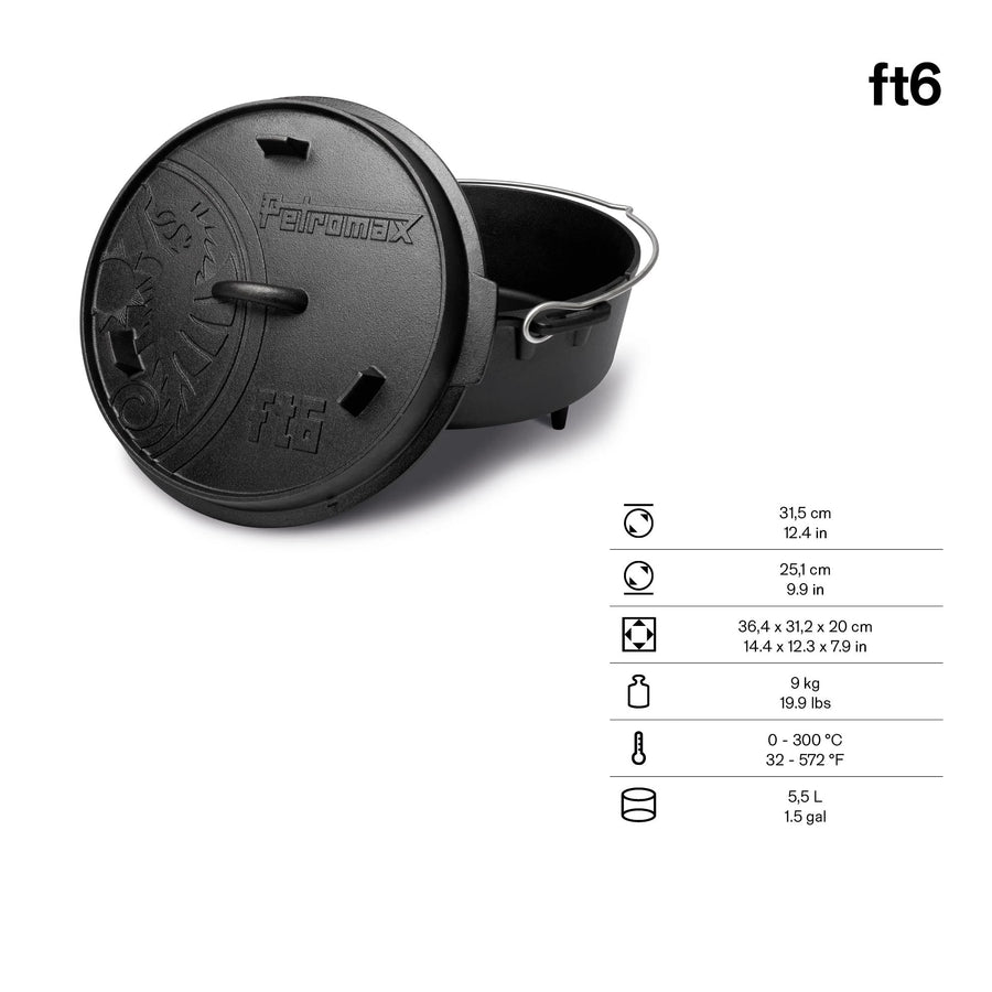 Afmetingen en inhoud van de Petromax Dutch Oven ft6 met pootjes, 5,5 liter voor 4 tot 8 personen