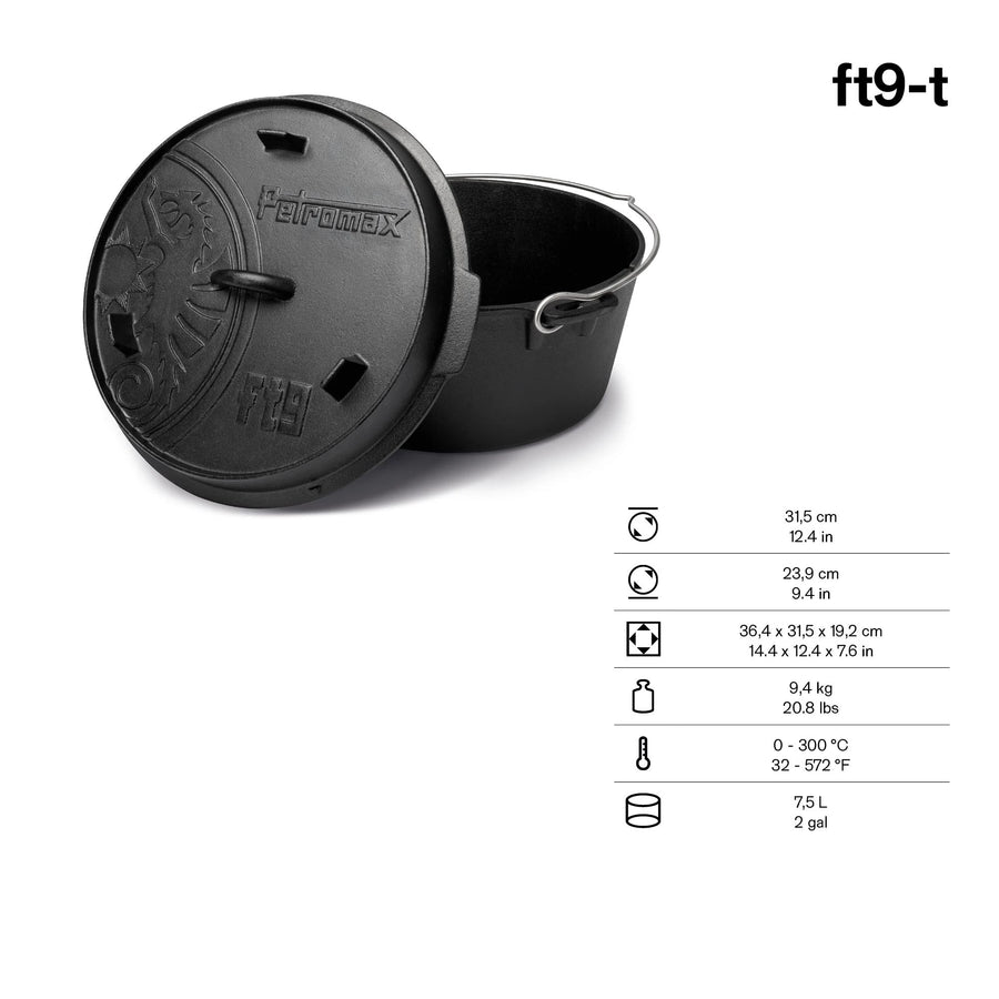 Afmetingen en inhoud van de Petromax Dutch Oven ft9-t met vlakke bodem, 7,5 liter voor 8 tot 14 personen