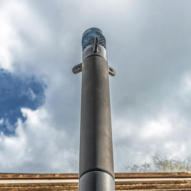 Petromax Vonkenvanger gemonteerd op de kachelpijp van de Loki