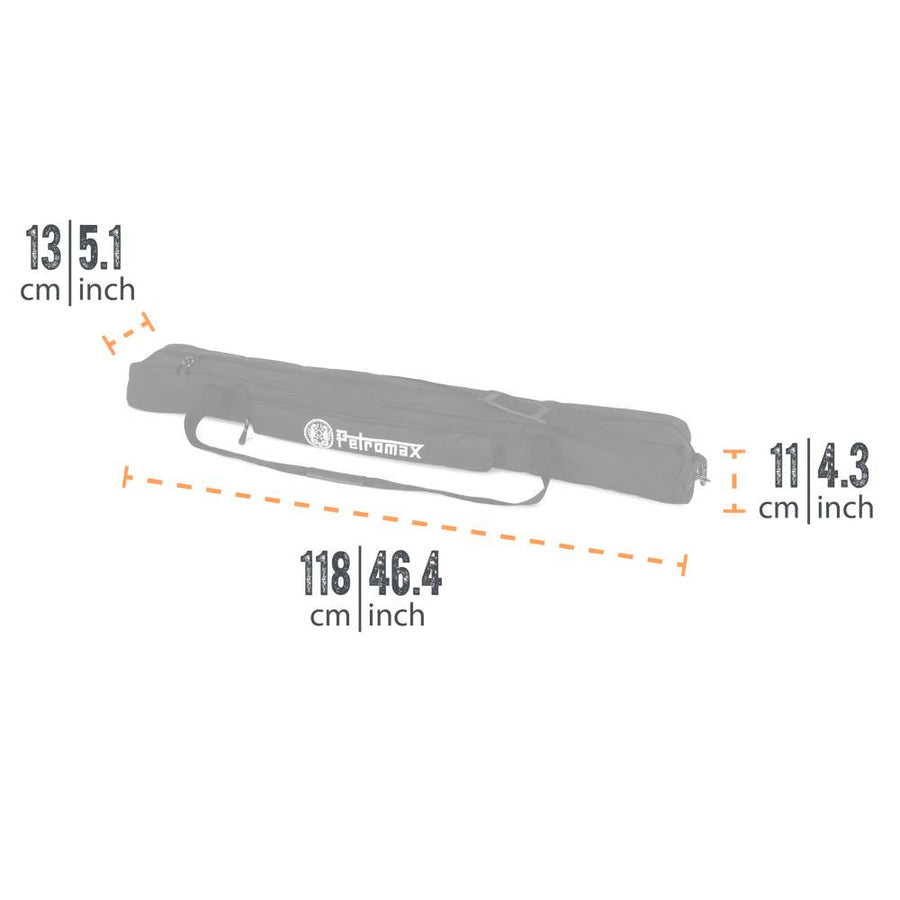 Maatvoering van de Petromax Transporttas voor de Fire Bridge, 118 x 13 x 11 cm