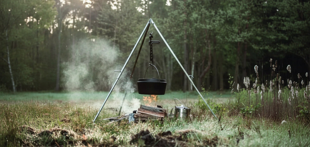 Petromax Dutch Oven met perkolator aan een driepoot