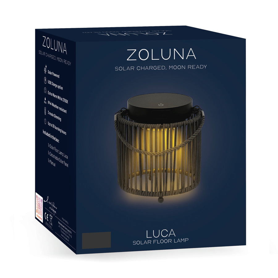 Verpakking van de ZOLUNA solar lantaarn Luca Deep Coal