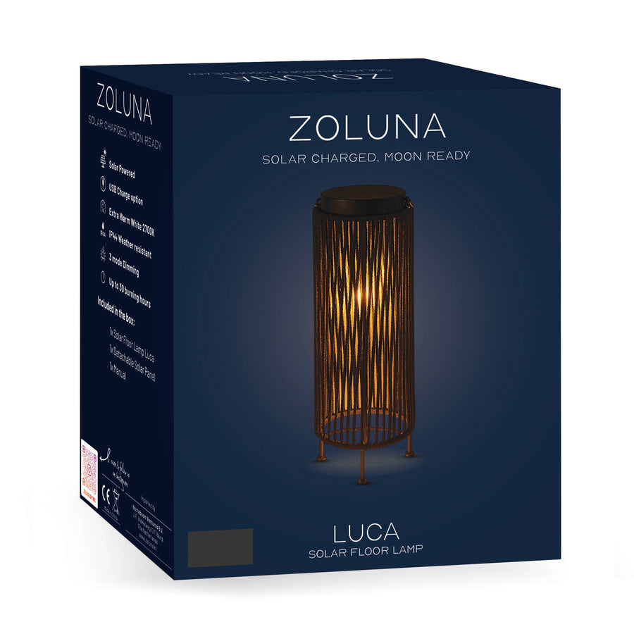 Verpakking van de ZOLUNA solar lantaarn Luca Grande Deep Coal