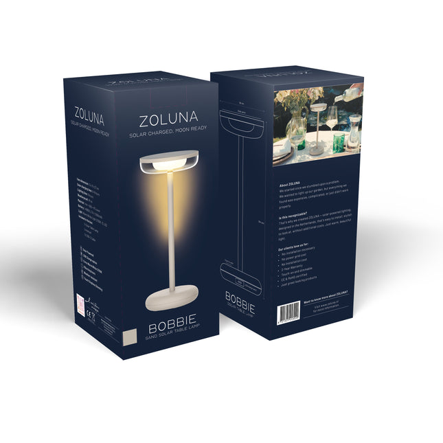 Verpakking van de ZOLUNA solar tafellamp Bobbie zand